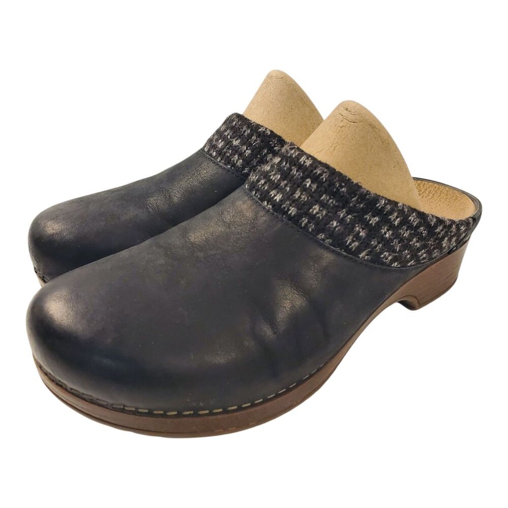DANSKO Shoes BEV NUBUCK Women Size 41 US 10.5 Black Leather Mule Clog Woven Trim